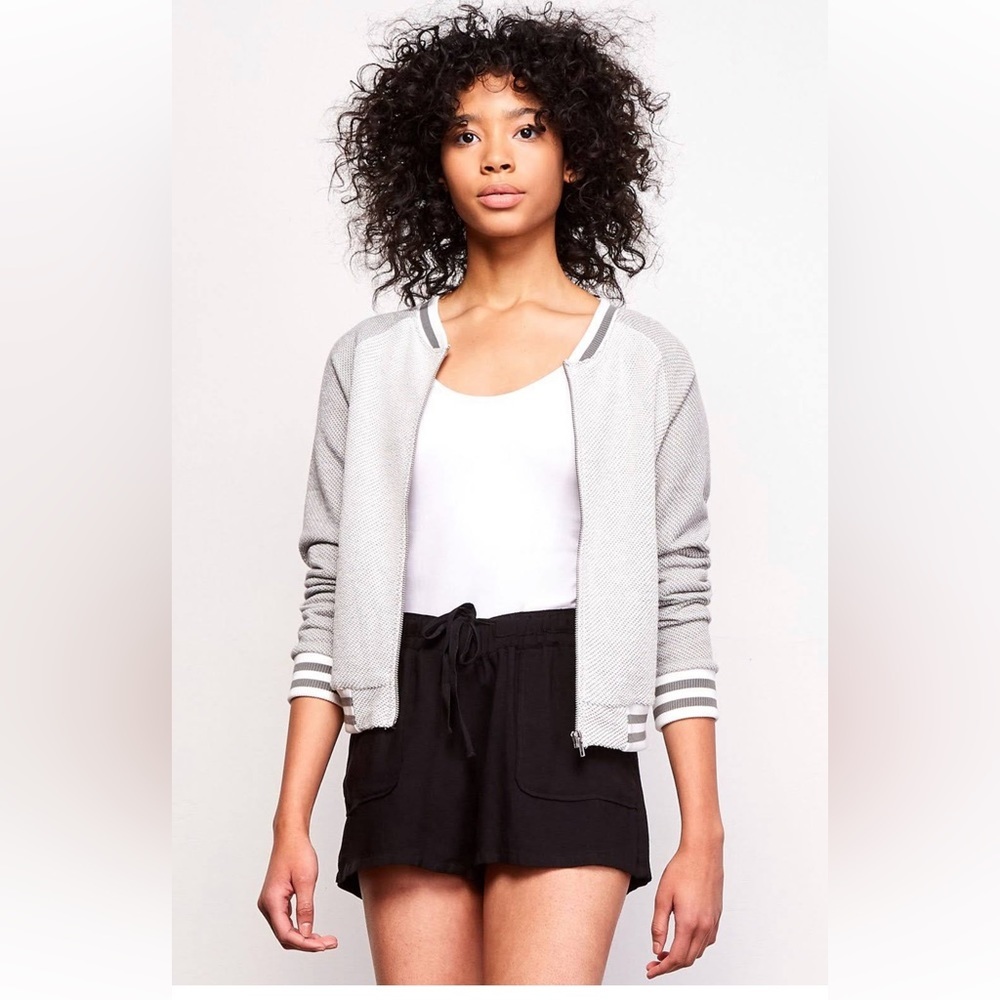 Jack by BB Dakota Striped Cuff Varsity Zip Up Sporty Athleisure Gray Jacket